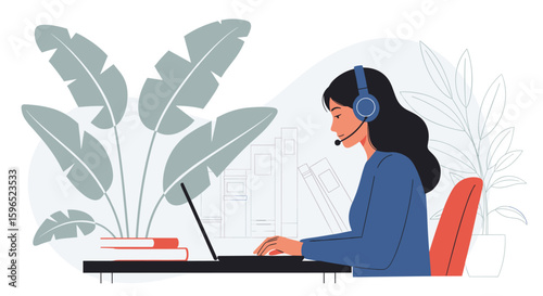 Professional operator working on computer with headphones and microphone providing online support