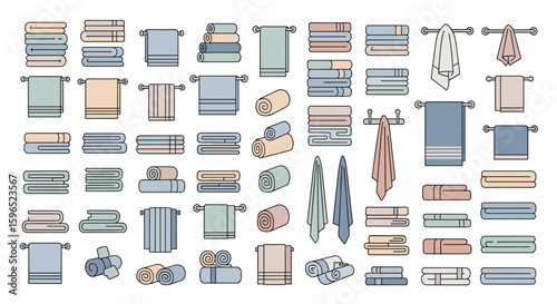 A collection of illustrated bath towels and hand towels on display for home decor and bathroom accessories