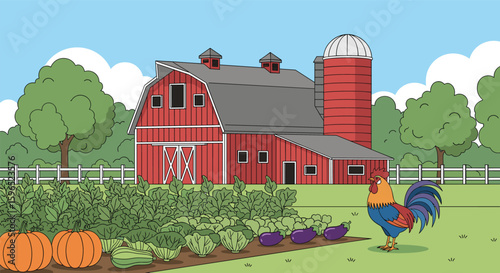 Farmyard rooster watching over a colorful vegetable garden in front of a large red barn