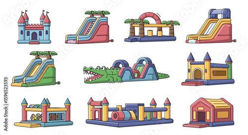 Collection of colorful inflatable bounce houses slides and obstacle courses for outdoor fun activities