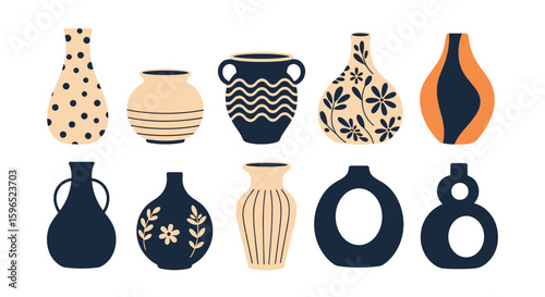 Collection of decorative ceramic vases and pottery with abstract designs