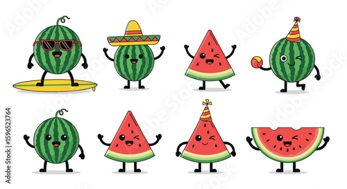 Collection of adorable pixel art watermelon characters celebrating and having fun