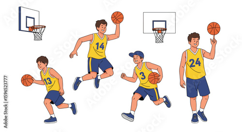 Athletic players engaged in dynamic basketball actions with hoops and balls