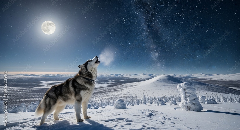 Naklejka premium Husky Howling at the Moon Under Starry Sky in Winter Wonderland