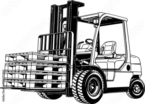 Black and White Forklift Carrying Pallets Illustration, Industrial Warehouse Equipment: Isolated Forklift Graphic,
Logistics and Transport: Heavy Lifting Machinery Icon.