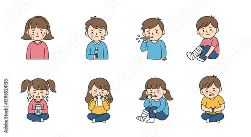 Children expressing various feelings and physical discomforts through emotions and expressions