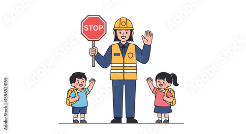 School crossing guard helps children cross street safely