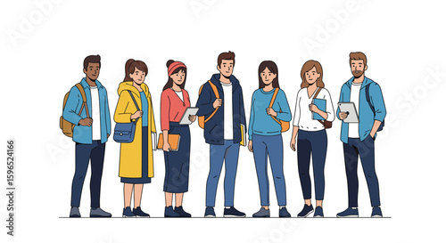 Diverse group of young adults standing together ready for new opportunities education future