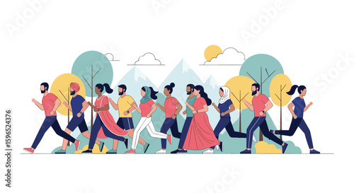 Diverse group of people running together outdoors on a sunny day with trees and mountains
