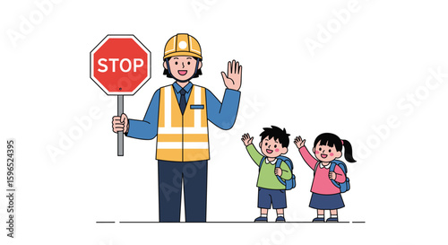 School crossing guard safely guides children across busy street teaching road safety awareness