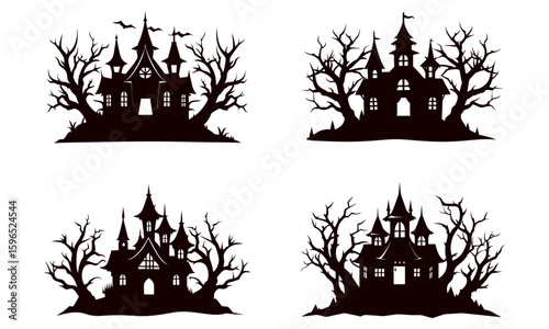 Set of halloween house silhouette vector illustration