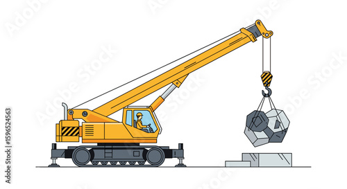 Yellow mobile crane operating and moving building materials at construction site
