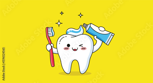 A happy cartoon tooth brushing with toothpaste and brush for excellent oral hygiene