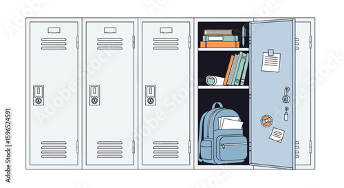 Student backpack and books stored inside open school locker