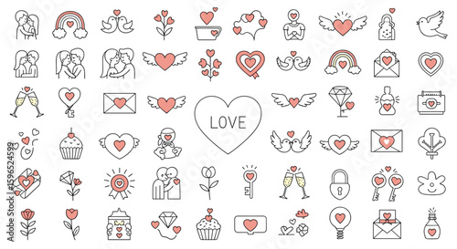 Collection of romantic icons for valentine's day celebration and love themes