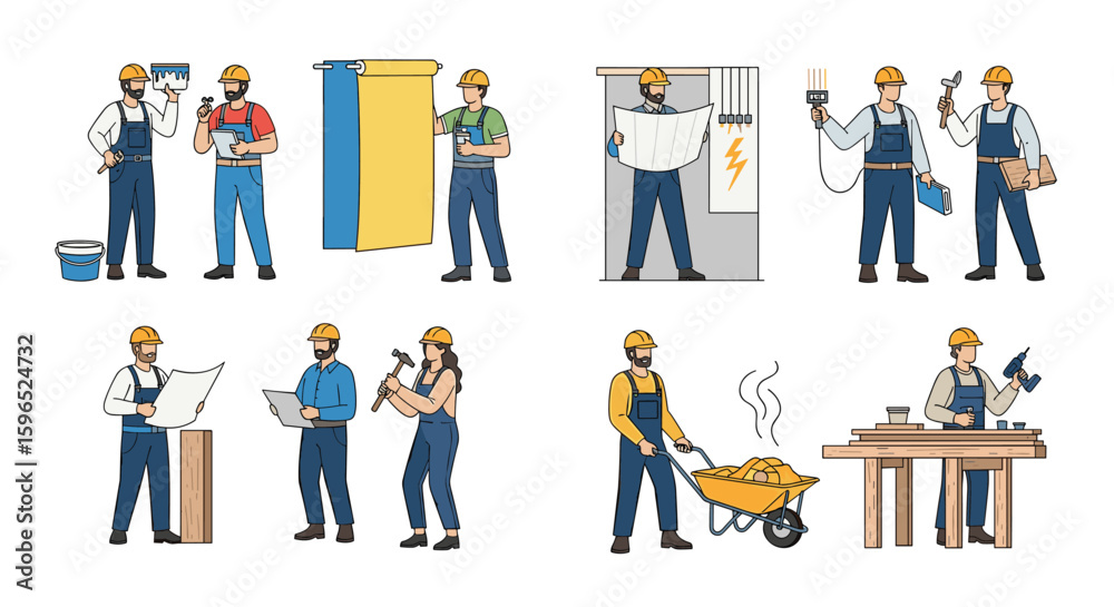 Naklejka premium Construction workers performing various renovation and building tasks indoors and outdoors