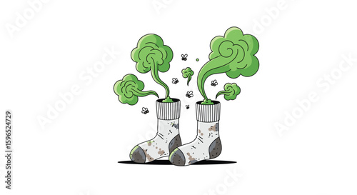 Two smelly socks emitting foul odors indicating unpleasant footwear experiences