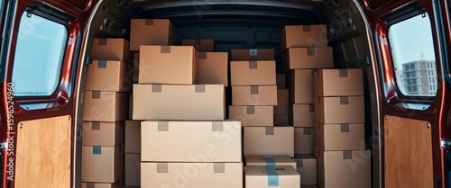 A cargo van overflowing with neatly stacked cardboard boxes, photo, urban