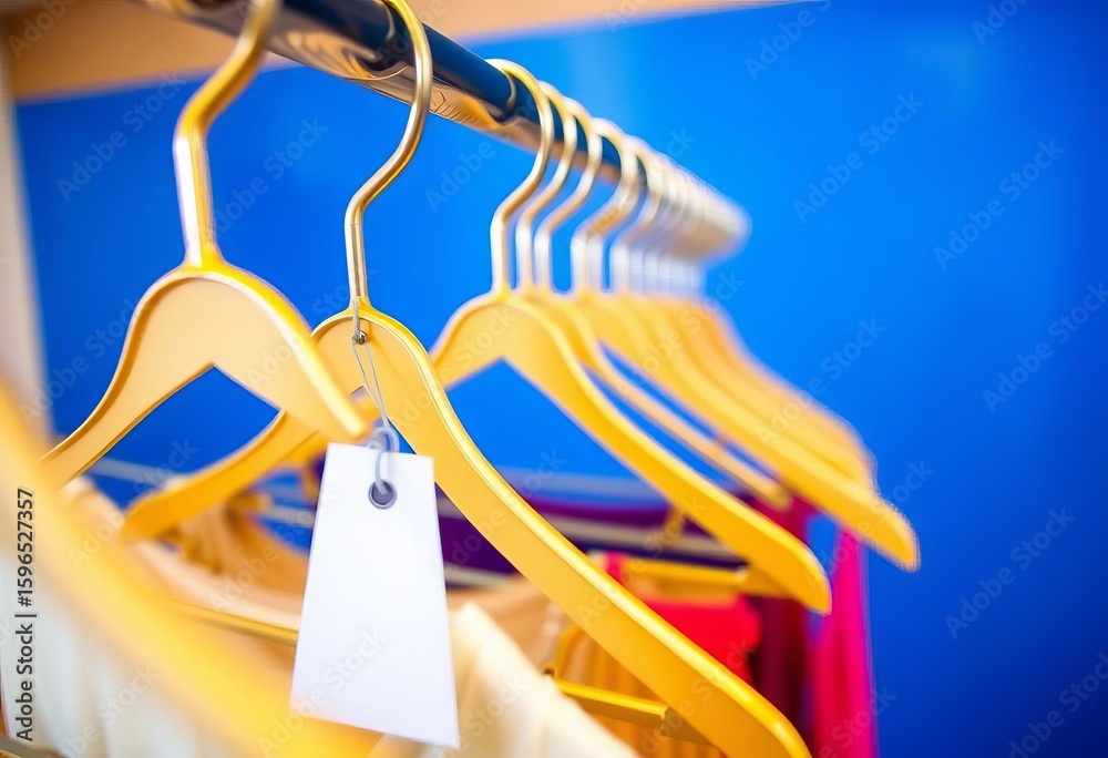 Fototapeta premium Empty gold clothes rack with price tag on bright blue table Close-up view, black friday, promotion