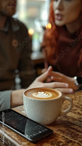 Coffee cup with latte art sits on a wooden table, with blurred hands of two people in conversation, creating a warm and inviting cafe atmosphere for social interaction