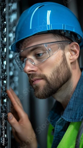 Male technician with beard wearing blue hard hat and safety glasses is inspecting electrical panel in industrial setting, demonstrating focus and attention to detail in technical work