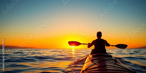 Kayaker silhouette against ocean sunset, peaceful recreation, kayak,  wellbeing