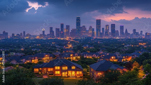 City skyline at twilight, residential areas