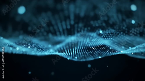 Intricate Blue Network of Dots Waves on Dark Background with Glowing Particles