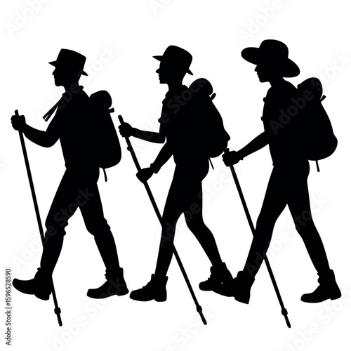 Three hikers with backpacks and trekking poles walking together