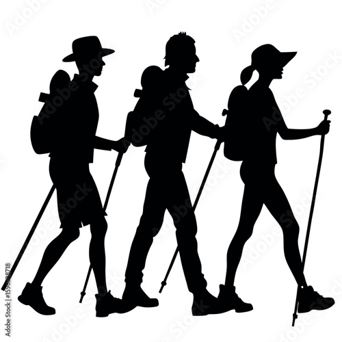 Three hikers with backpacks and trekking poles walking together