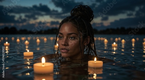 Peaceful woman enjoying candlelit evening by waterfront at dusk