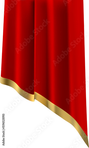 Red curtain with golden border slightly open on a white background, creating a sense of anticipation and elegance, perfect for theater, opera, or any grand event