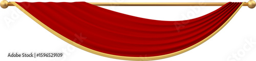 Red curtain draping elegantly from a golden rod, featuring a luxurious golden border. Perfect for enhancing presentations, ceremonies, and various festive events