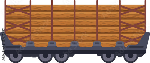 Long train wagon transporting wooden planks, secured by robust metal supports, providing safe and efficient delivery of lumber for various industries and construction projects