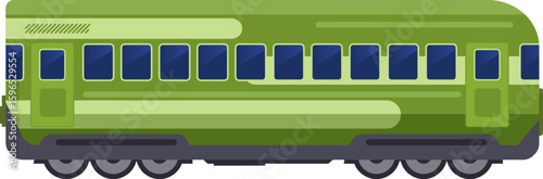 Green train carriage featuring multiple windows and doors, offering a modern and efficient mode of transportation for passengers, emphasizing the convenience and connectivity of railway travel