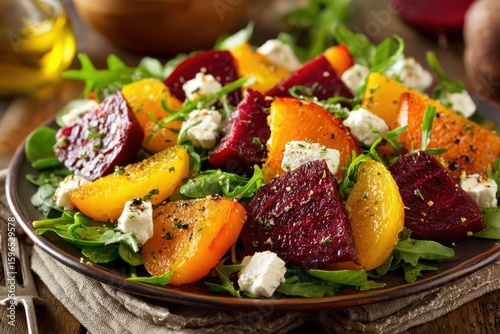 Roasted red and golden beet salad with goat cheese and fresh arugula.