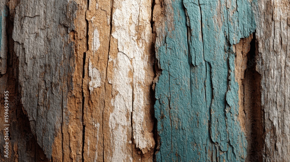 Obraz premium Mood of weathered wood with peeling paint reveals the beauty of imperfection in natural textures under soft daylight