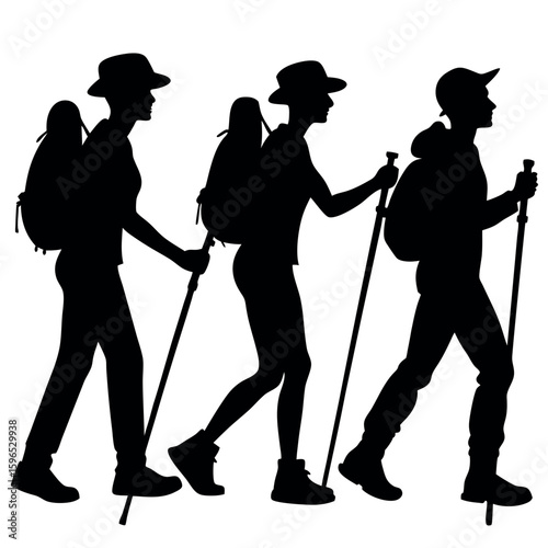 Three hikers with backpacks and trekking poles walking together