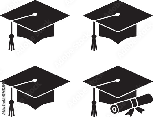 Graduation Hat and Diploma Icons Set – Academic Cap Vector Illustration

