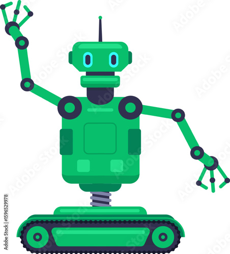 Green automaton with tank tracks waving and moving, featuring antenna, robotic arms, and a spring mechanism, embodies futuristic technology and artificial intelligence