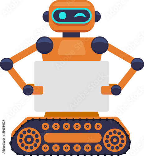 Orange tracked robot winking its eye while holding a blank sign with its articulated arms, suggesting a customizable message or advertisement space