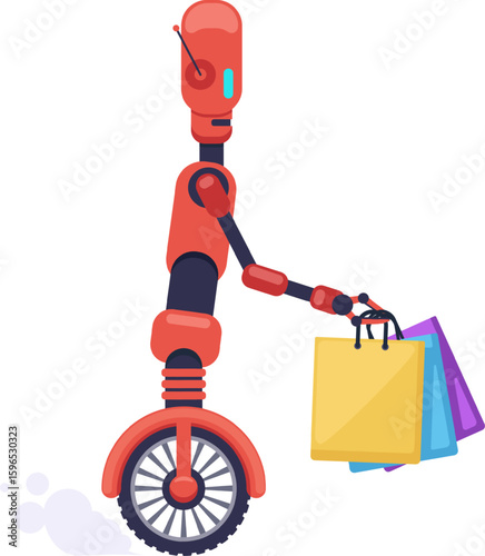 Modern red delivery robot riding a monowheel while carrying colorful shopping bags, highlighting the concepts of artificial intelligence and automatic delivery services in a futuristic setting
