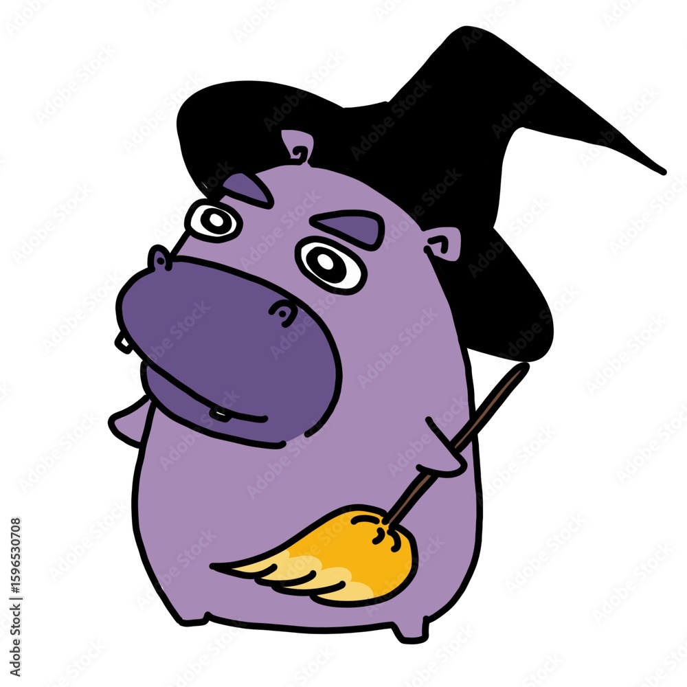 Fototapeta premium Hippo wizard, a cute purple cartoon hippo holding a broom with a determined expression.