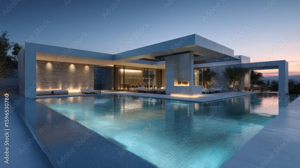 Fototapeta premium Modern villa offers a breathtaking poolside experience at sunset with sleek architecture and ambient lighting creating a serene atmosphere