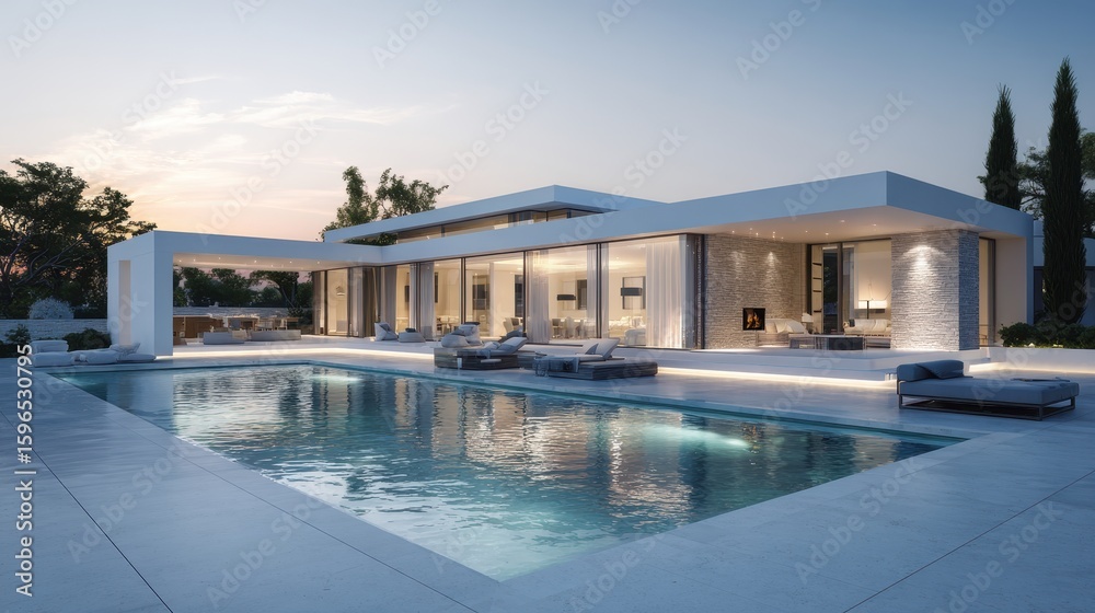 Fototapeta premium Luxurious modern villa at sunset with elegant poolside setting and stunning architectural design creating a tranquil atmosphere