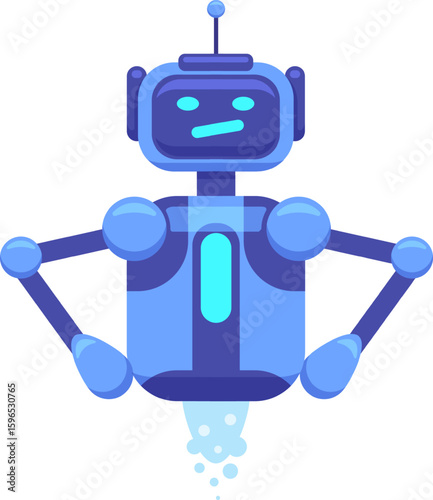 Cartoon illustration of a blue robot flying and looking confused with arms akimbo, featuring a perplexed facial expression and a jetpack propelling it forward