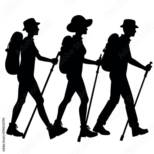 Three hikers with backpacks and trekking poles walking together