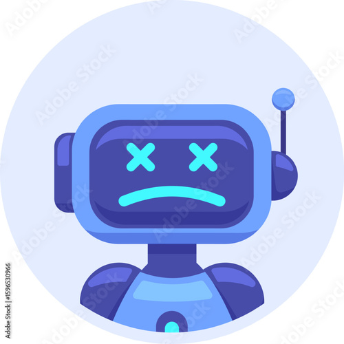 Modern flat design illustration of a cute robot showing error message with dead eyes and sad mouth, ideal for technology and innovation related designs
