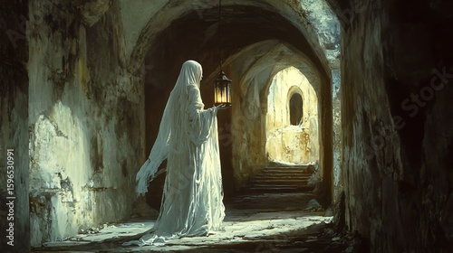 Ethereal Figure with Lantern in Stone Archway Mysterious Light in Dark Tunnel