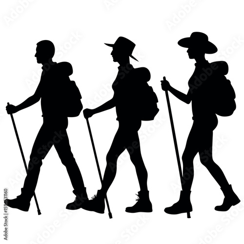 Three hikers with backpacks and trekking poles walking together